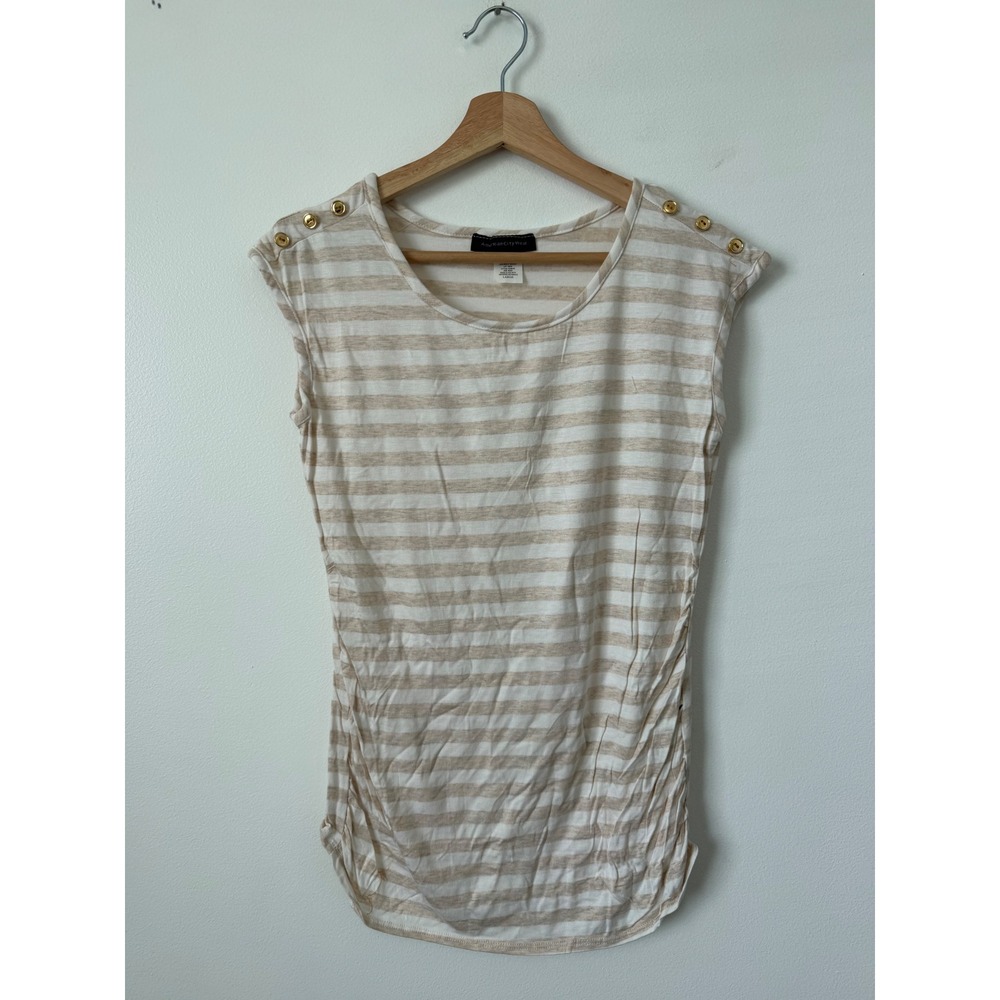 American City Wear Women's Tan and White Striped Short Sleeve Top – Size Large